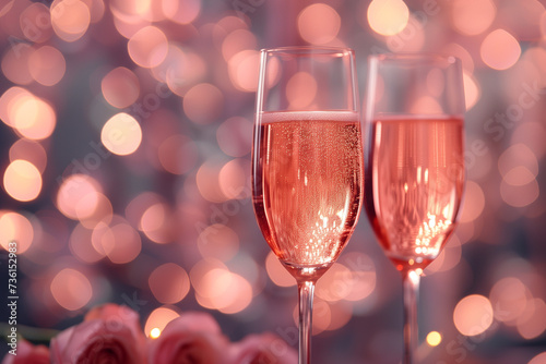 Toast to Love and Celebration Close-Up of Pink Rose Champagne Glasses Against a Bokeh Lights Background, Perfect for New Year and Valentine's Day Festivities