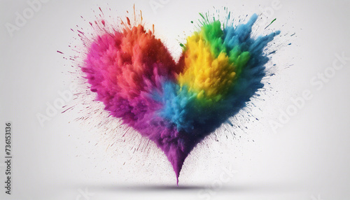 colorful rainbow holi paint color powder explosion heart shape white background scene  