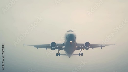 Commercial airplane flying foggy sky above cities. Passenger plane flight. Aircraft cruising high altitude. Business jet propelling forward. Travel destination rount. Vacation trip. Minimalistic photo photo