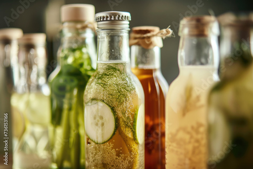 Variety of homemade fermented drinks in the glass bottles and jars, healthy organic probiotic beverage