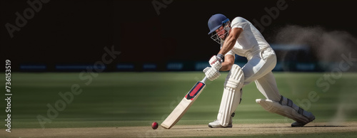 Cricket player in white uniform in motion, playing, hitting ball with bat on cricket field. photo