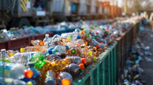 A collection of plastic bottles placed on a green bin. Can be used to depict recycling and waste management