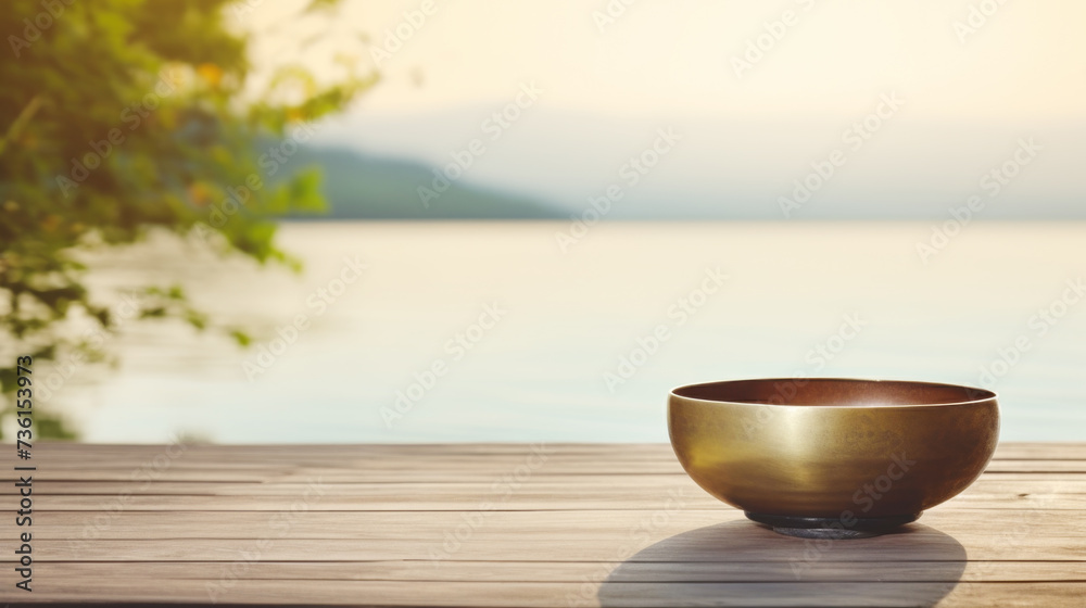 Singing bowl placed on wooden pier Singing bowl placed on wooden pier