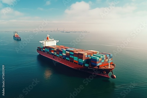 A large container ship sailing in the vast ocean. Ideal for illustrating global trade and transportation concepts