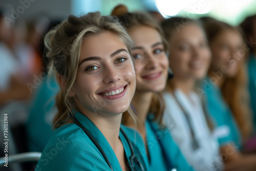 Radiant Healthcare Professionals Nurses and Doctors Engage in a Relaxing Seminar Training, Radiating Happiness and Positive Expressions, Amidst an Educational Hospital Setting