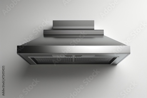 A sleek and modern stainless steel range hood mounted on a wall. Perfect for removing smoke and odors while cooking. Ideal for both residential and commercial kitchens