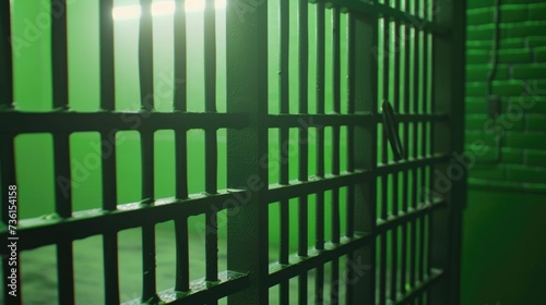 A jail cell with a green screen in the background. Can be used for film or television productions set in a prison or for video editing purposes