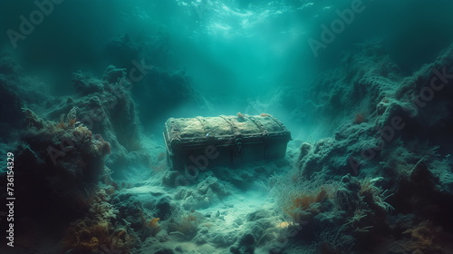 Sunlight filters through an ancient underwater scene highlighting a mysterious sunken treasure chest. photo
