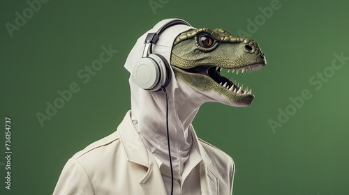 close-up minimalist photo of dinosaur wearing white vr headset, troubadour style, white and olive colors