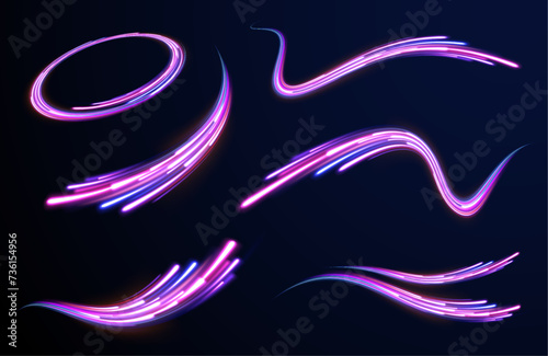 Set neon effect on night road. City road car light trails motion background. Light arc in neon colors, in the form of a turn and a zigzag.  © ANATOLII