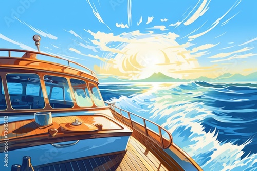 A painting depicting a boat sailing in the vast ocean. Suitable for nautical themes and coastal decor
