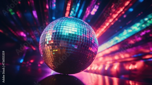 A vibrant disco ball illuminated by colorful lights. Perfect for adding a lively touch to any event or celebration