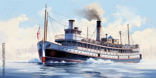 A painting of a steam ship floating on calm water. Suitable for travel brochures and maritime-themed designs photo