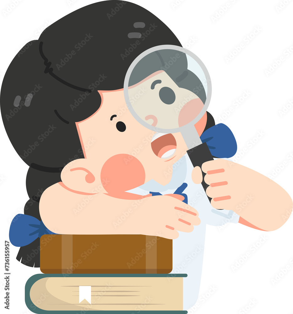 Fototapeta premium Kid girl student with magnifying glass