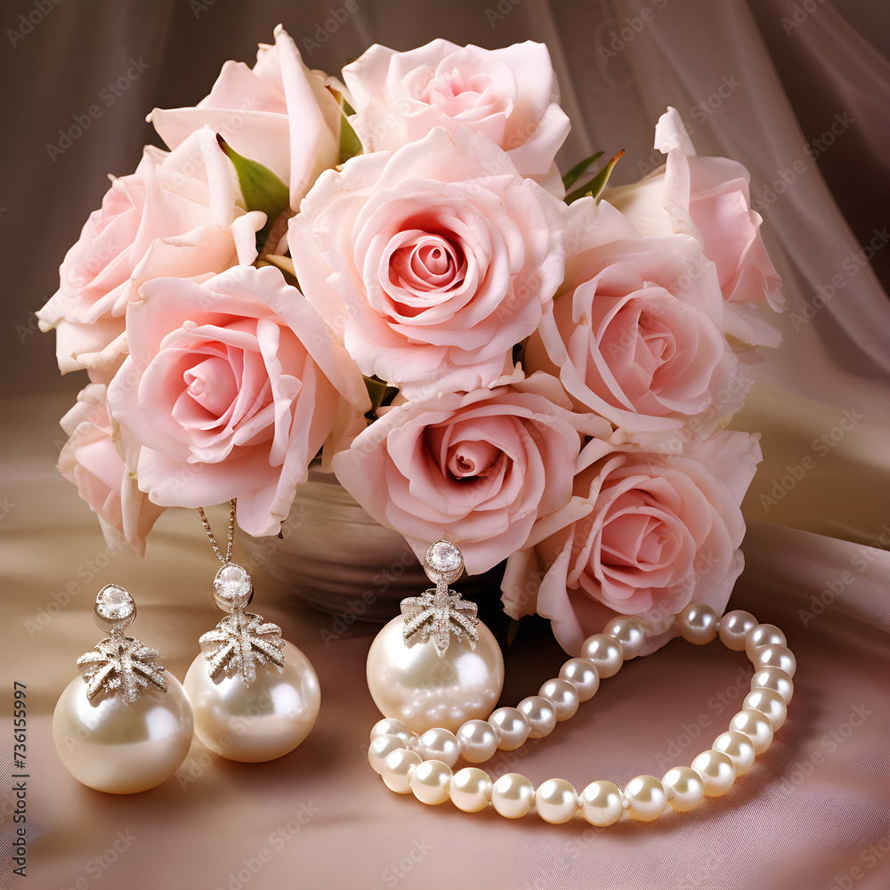 Adorn with pearls and bouquet of pink roses.