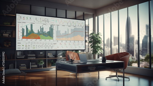 Business analysis graphs on large screens in the office, business growth statics, business data insights, per annum sales data visualization photo