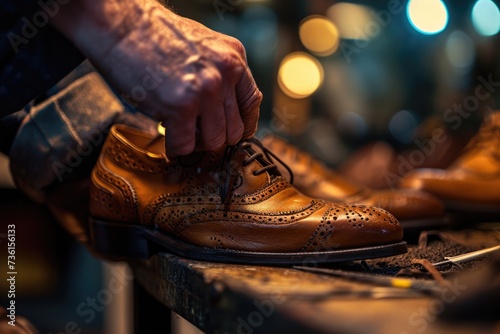 Masterful Craftsmanship: Attentive Artisan Tending to Distinctive Brown Leather Shoes with Meticulous Care
