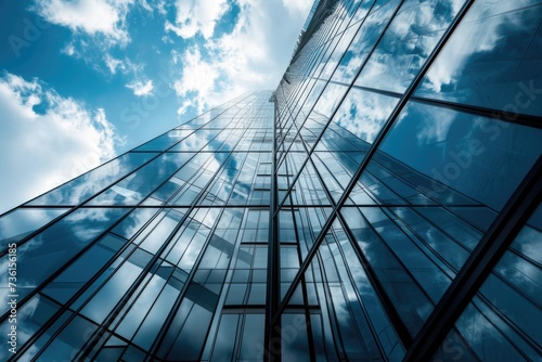 Urban Reflection: Glass Skyscraper and Modern Office Building with Blue Sky and Clouds in Bottom View