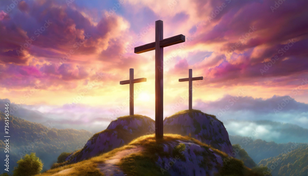 Three crosses on hill. Crucifixion Of Jesus Christ At Sunrise,dramatic clouds. Passion Of Jesus Christ.Good friday. - obrazy, fototapety, plakaty 
