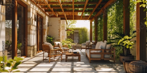 Inviting Outdoor Space: Modern Patio, Wooden Pergola, and Comfortable Seating for Relaxation and Entertainment