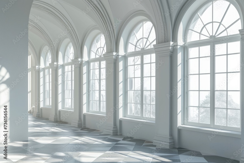 Modern Empty Room Interior with White Arched Windows