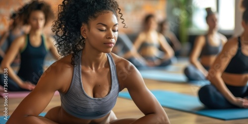 Women sitting together in a yoga pose. Suitable for wellness, fitness, and health-related content