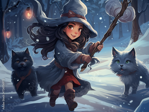 Enchanting Cartoon Illustration of a Young Witch grimalkin and Her Mysterious animal Companion. AI Generative. photo