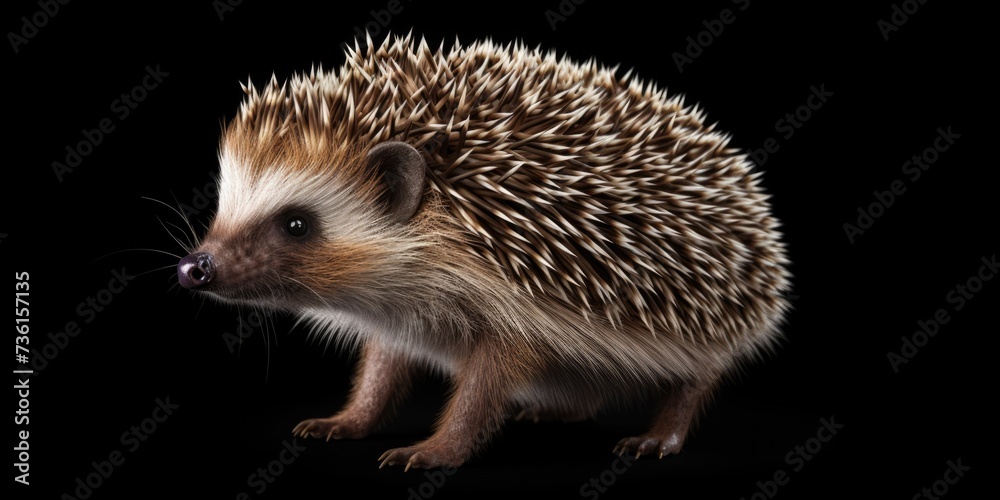 Fototapeta premium A small hedgehog standing on a black surface. Suitable for nature and animal-related designs