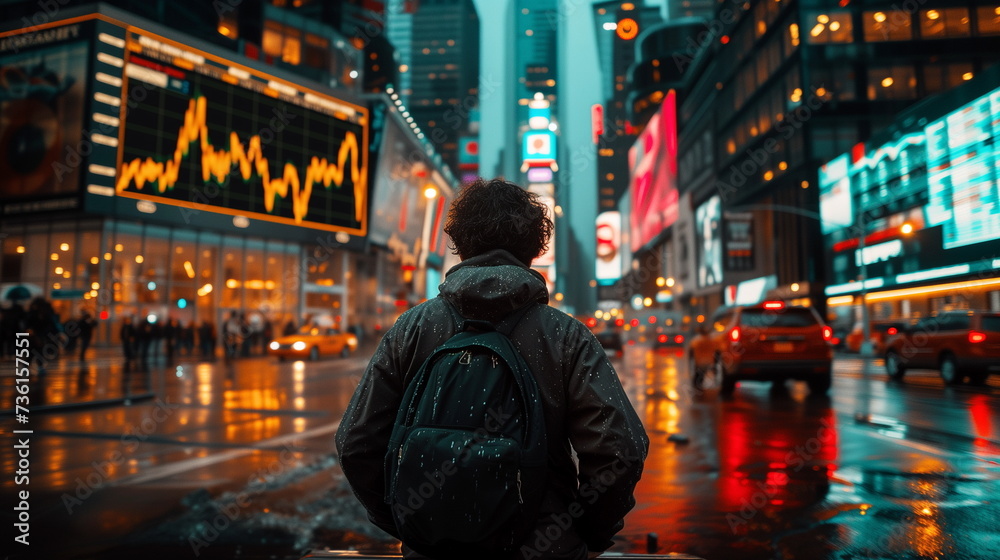 A person with a backpack stands in the rain, looking at the lit-up financial data screens in a city at night.