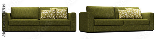Modern and luxury green sofa set with pillows isolated on white background. Furniture Collection. 