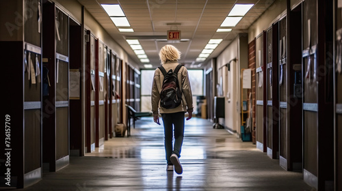 Teenager Walking Down empty school Hallway