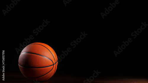 A close-up of an orange basketball on a dark, wooden floor, creating a dramatic atmosphere. © 168 STUDIO