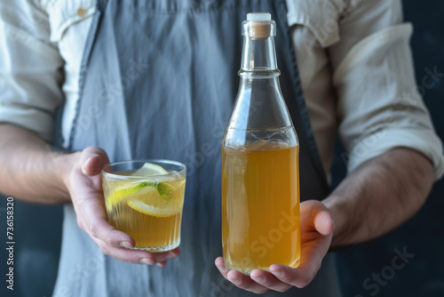 Male hands holding a glass and bottle of healthy homemade fermented kombucha tea