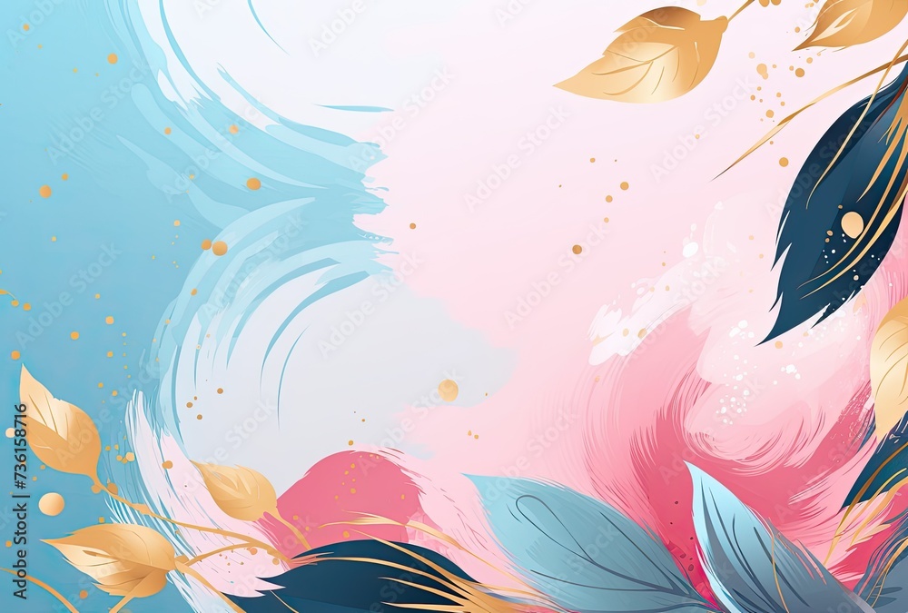 Abstract brush strokes, gold arrow, abstract floral pattern on abstract pink and blue background