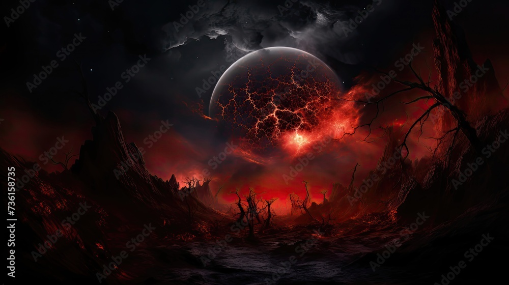 Fototapeta premium dark planet, light behind, red, nebula, hdr, stunning