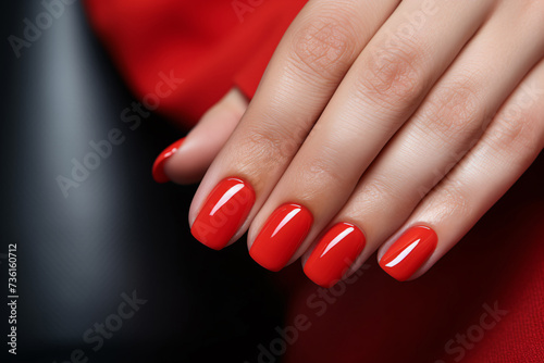 Glamour woman hand with classic red nail polish on her fingernails. Red nail manicure with gel polish at luxury beauty salon. Nail art and design. Female hand model. French manicure.