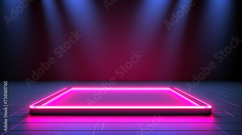Abstract neon light geometric background. Rectangle stage product display. Glowing neon lines. Empty futuristic stage laser. Rectangular laser lines. Square stage. Laser show design. photo
