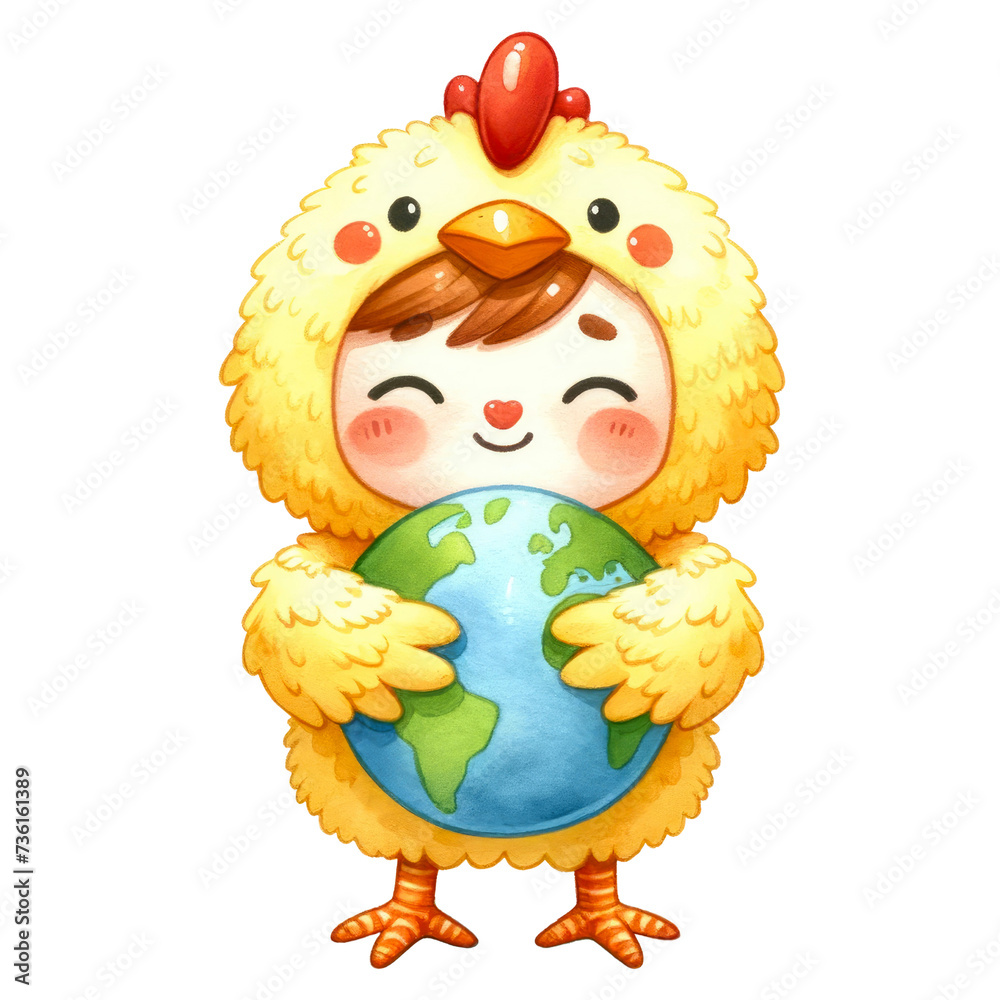 Naklejka premium Watercolor cute kid in a chicken suit hugging an earth. Children's recreational activity. Kid chicken costume clipart.