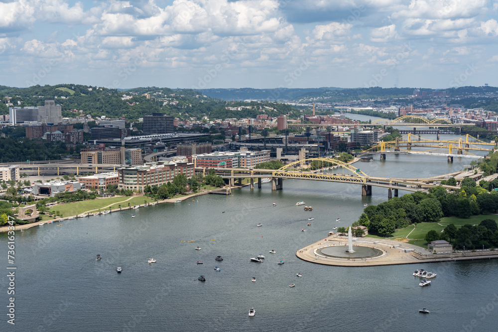 View of Boats around Point State Park in Pittsburgh, Pennsylvania in summer 