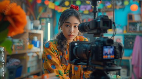 A young in a vibrant studio setting up camera for a video blog session, surrounded by colorful lights..