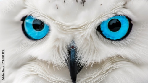 Closeup round blue eyes of a white owl wildlife.