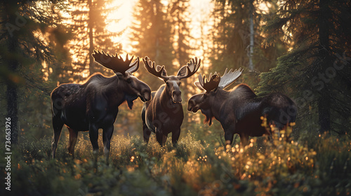 Moose family in the forest in summer evening with setting sun. Group of wild animals in nature.