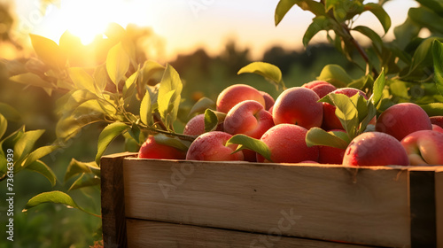 Nectarines harvested in a wooden box with orchard and sunset in the background. Natural organic fruit abundance. Agriculture, healthy and natural food concept. Horizontal composition. photo