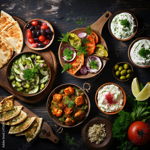 Selection of traditional Greek food - salad meze.