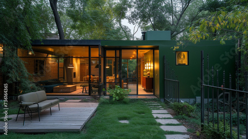 A groundbreaking abode with a deep forest green exterior, showcasing a sparse backyard and a fashionable wrought iron gate, under the calming effect of early evening's light