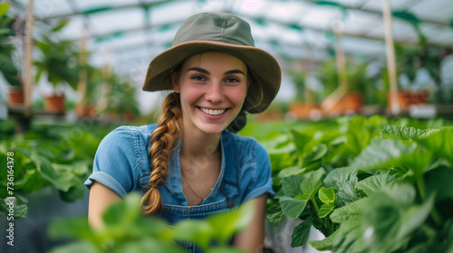 Warm Portrait of Cheerful Woman with Braid and Hat Working in Airy Greenhouse, Cultivating Green Plants, Wearing Overalls Over Long-Sleeve Shirt, Positively Smiling at Camera