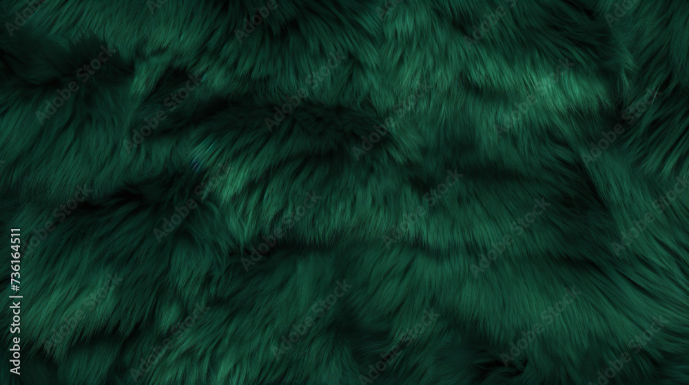 Seamless fluffy dark green fur texture background. - obrazy, fototapety, plakaty 