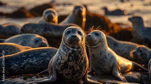 Seal family in the ocean water with setting sun shining. Group of wild animals in nature.