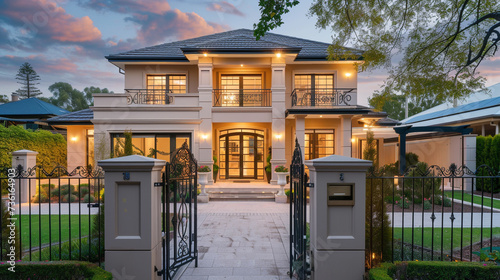 An ultramodern abode with a rich cream facade, paired with a basic backyard and an ornate wrought iron gate, all under the calm of dusk lighting