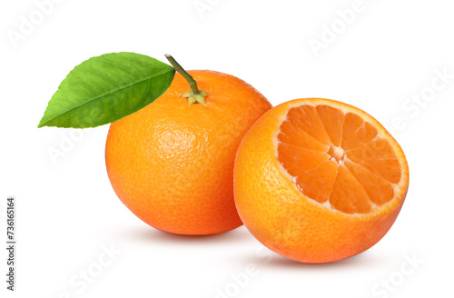 Fresh ripe tangerines and green leaf isolated on white. Citrus fruit
